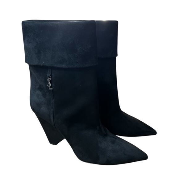 Saint Laurent Silver Monogram Niki Booties In Black Suede NEW EU 39 US 9 - Picture 1 of 10